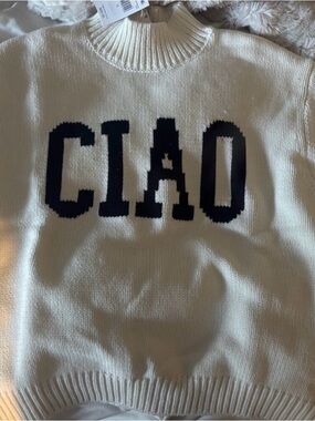 Z Supply CIAO Cream Knit Sweater with Black Lettering/Small